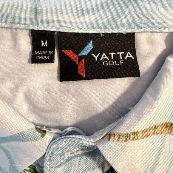 YATTA GOLF Palm Tree Performance Polo Shirt Men's Medium Light Blue Tropical - Picture 8 of 10